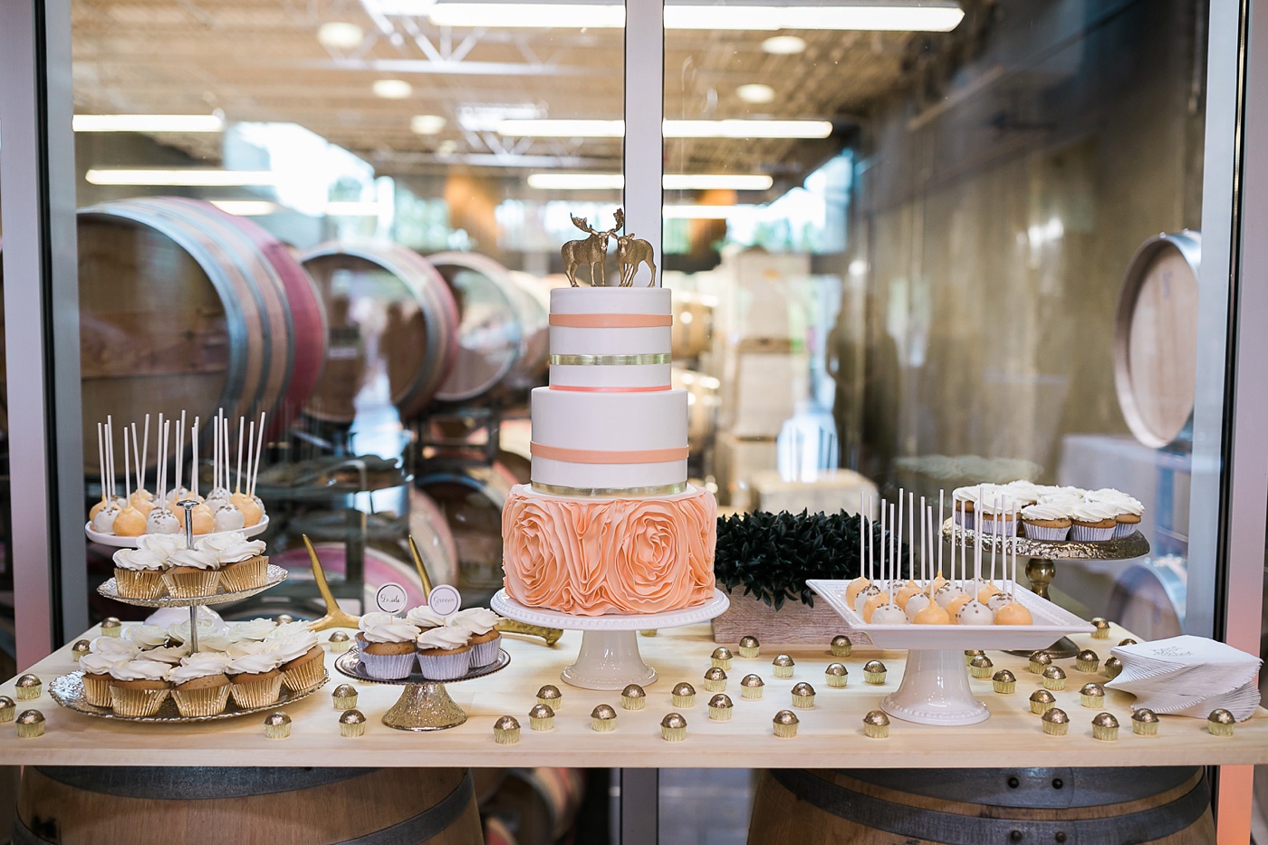 Honeycrumb Bakery coral and gold wedding cake Seattle bakery
