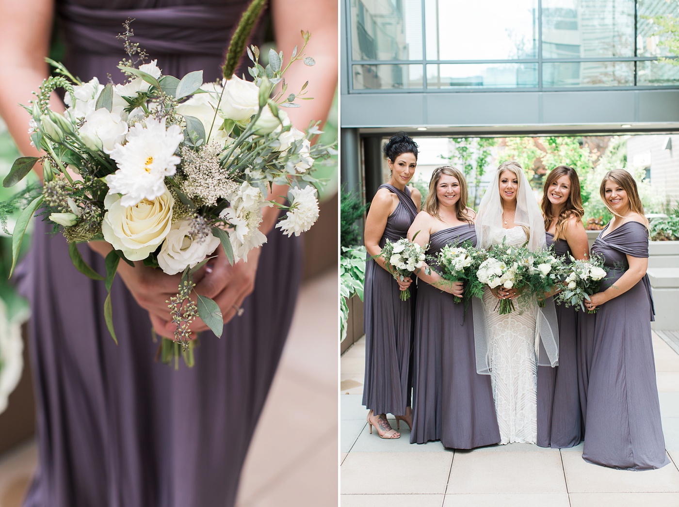 Seattle bride with bridesmaids in grey convertible dresses