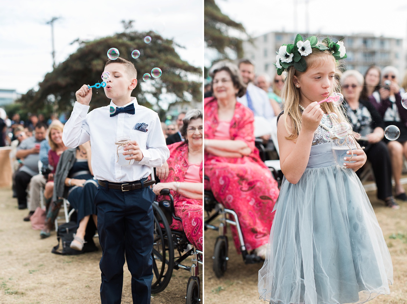 Bubble blowing ring bearer and flower girl